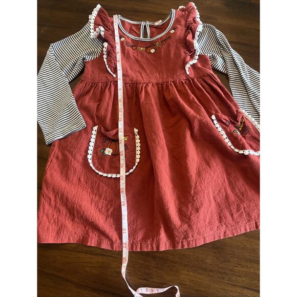 Girls Fall Dress Embroidered Faux Jumper Rust + Bl & Wh Sleeve, Cute Fit 4/5 - Picture 8 of 12